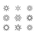 Sun line icon set. Black sun outline group. Warm weather linear symbol